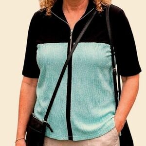 Jamie Sadock Womens Black Aqua Blue 1/4 Zip Short Sleeve Textured Top Size M